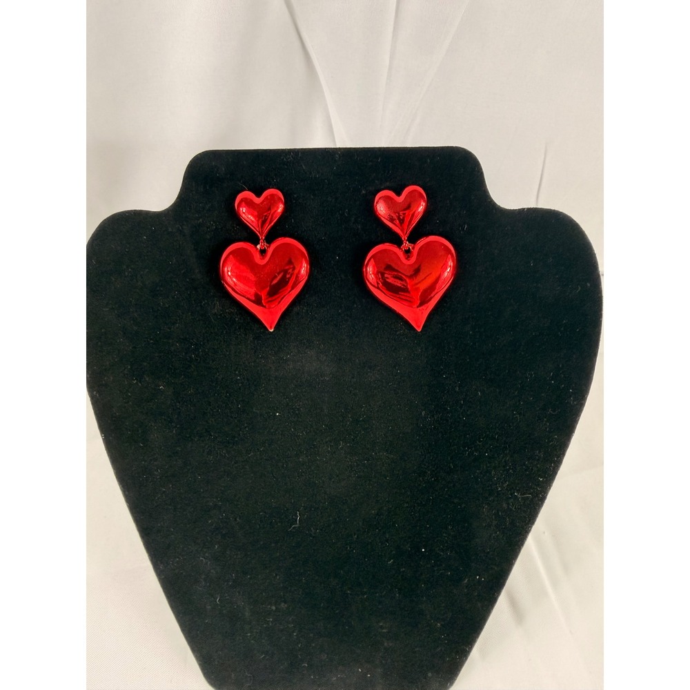 Unbranded Heart Drop Earrings OS Red Metallic Double Heart Dangle Statement